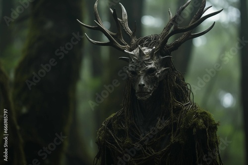 AI generated illustration of a monstrous figure with horns in a forest
