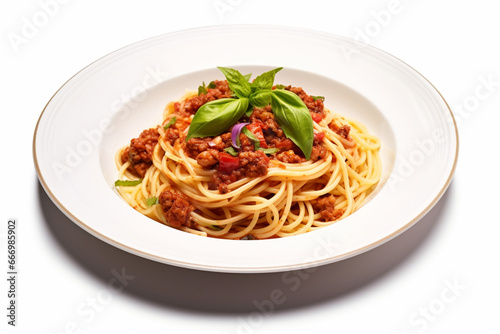 Delicious plate of italian spaghetti pasta over isolated white background, aesthetic look