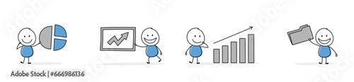 Collection of a happy stickman holding chart, graph, arrow and folder sign. Cartoon style icons for a business presentation. Vector illustration