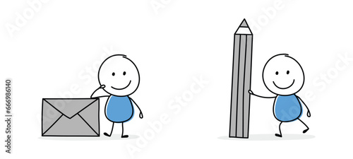 Hand drawn stickman holding envelope and pencil symbol. Cartoon style icon set. Vector illustration