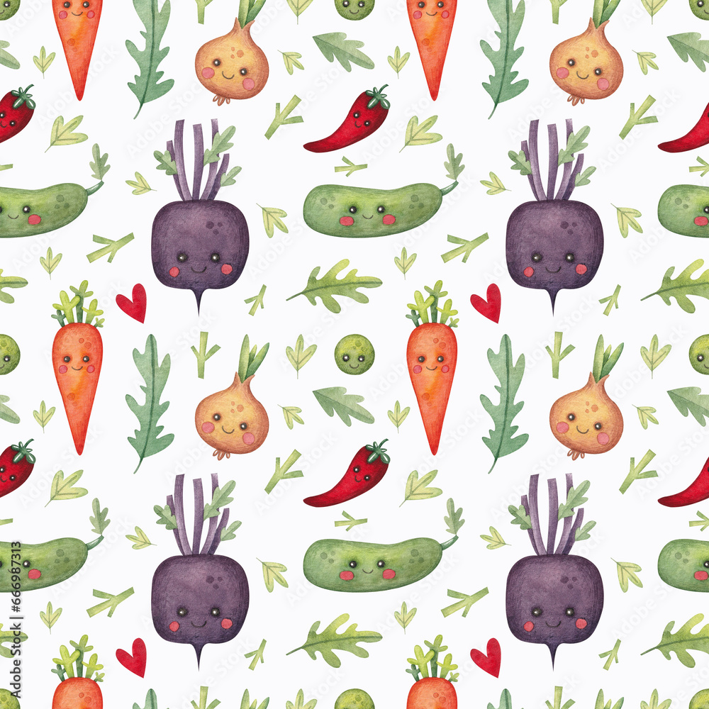Seamless pattern with different cute vegetables on a white background. Watercolor illustration. Print on fabric and paper. Vegetables. Nature. Natural. Cartoon. Art. Design. Wallpaper. Handmade work. Seamless pattern with different cute vegetables on a white background. Watercolor illustration. Print on fabric and paper. Vegetables. Nature. Natural. Cartoon. Art. Design. Wallpaper. Handmade work.