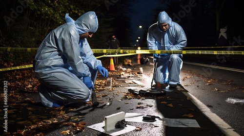 A forensic team of detectives and experts examining a crime scene, collecting evidence, and analyzing soil and other proof in a homicide investigation. photo