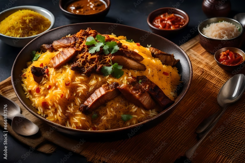A steaming  of Biryani, the aromatic spices and layers of saffron-infused rice and tender meat beautifully presented, creating an enticing visual of this beloved Indian dish, Food Photography, with na
