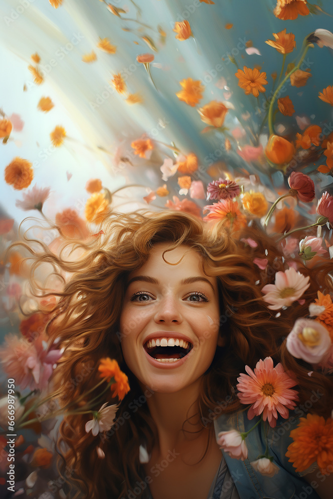 A happy young girl among flowers. Joy and happiness. A happy young girl among flowers. Joy and happiness.
