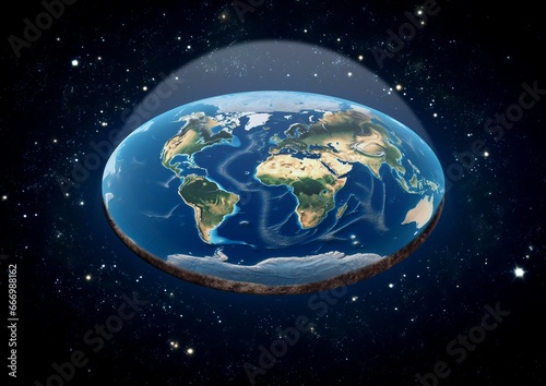 an illustration of a flat Earth as 3d discus object with all continents covered with atmospheric dome made of air, floating in space with stars