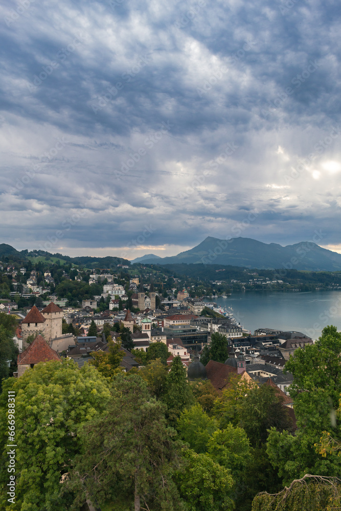 View of Lucerne city, lake, and mountains