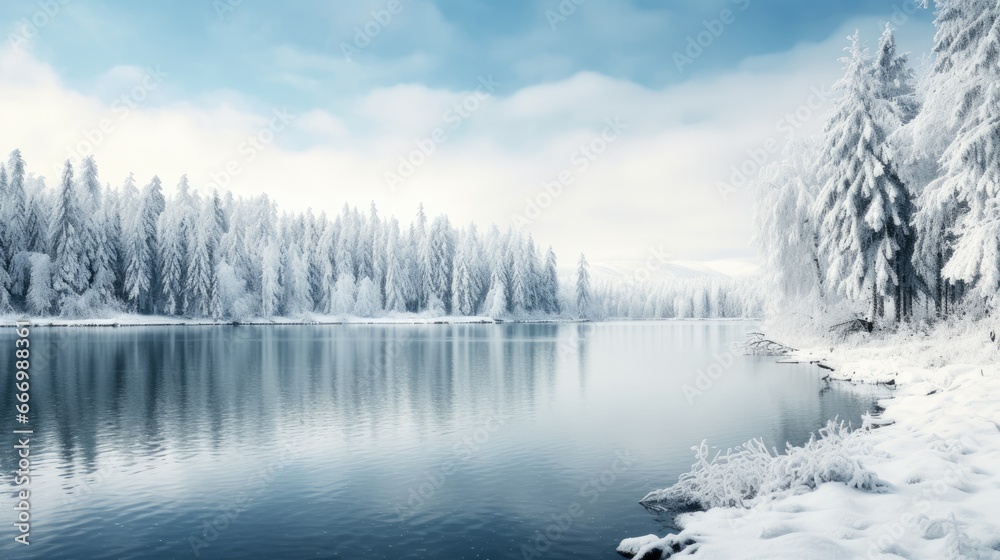 River landscape in winter. Generative AI