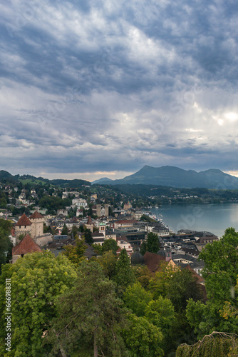 View of Lucerne city, lake, and mountains