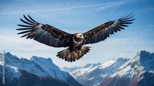 A breathtaking shot of a golden eagle soaring high above snow-capped peaks  its wings outstretched in majestic flight. Generative AI