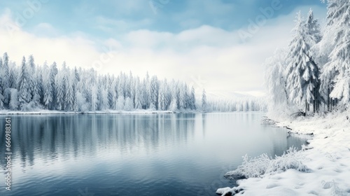River landscape in winter. Generative AI © kardaska