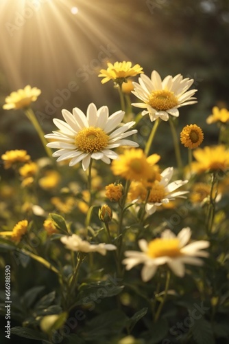 Beautiful chamomile flowers in the garden at sunset.