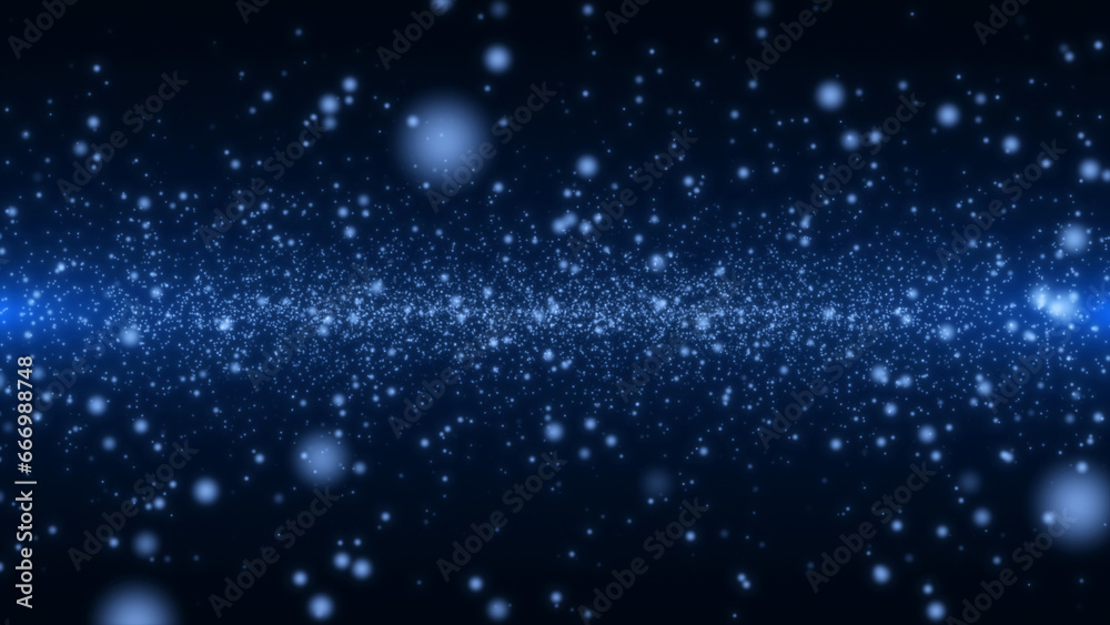 Abstract plane of flying snowflakes on blue background. Bokeh particles. 3D render.