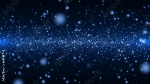 Abstract plane of flying snowflakes on blue background. Bokeh particles. 3D render.