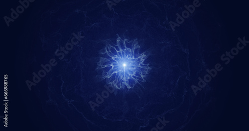 An abstract blue star rapidly radiating tongues of matter into space. Magic Ball. 3D render.