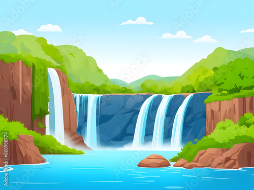 Waterfall Landscape Illustration Background  Waterfall Landscape Background  Generative Ai
