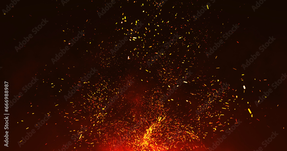 Slowly flying upward sparks from the fire. Orange sparks on a red background. 3D render.