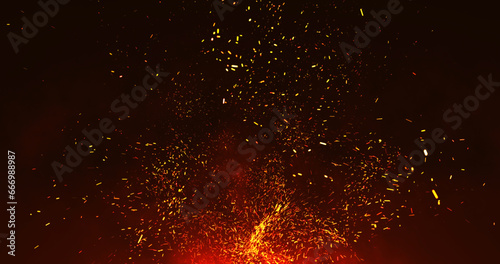 Slowly flying upward sparks from the fire. Orange sparks on a red background. 3D render.