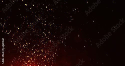 Slowly flying upwards, blown away by the wind, sparks from the fire. Orange sparks on a red background. 3D render.