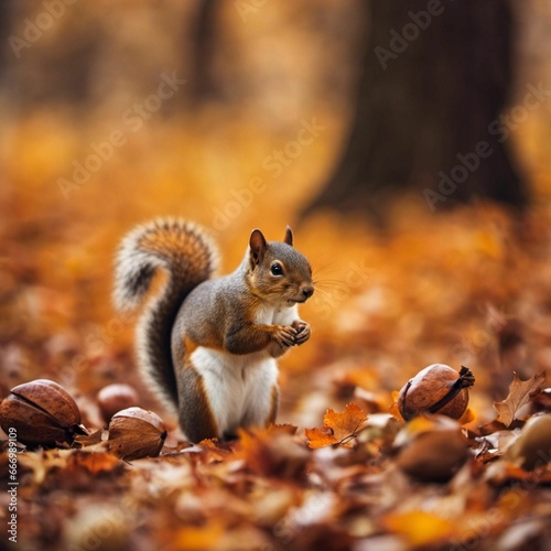 a squirrel in the middle of some leaves with nuts on it