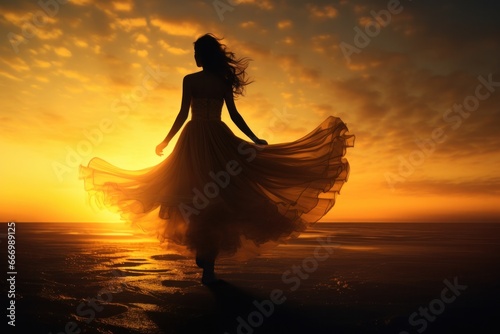 As the sky melts into a sea of pastel clouds  a woman in a flowing dress is captured in a moment of pure serenity  her silhouette dancing against the backdrop of the fiery sunset on the peaceful shor
