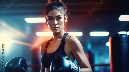 Charming young woman in sportswear wearing boxing gloves do workout exercise punching boxing bag at gym. © Oulaphone