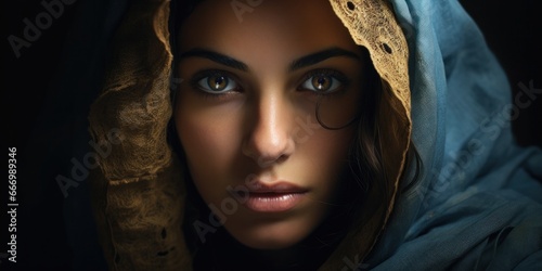 A mesmerizing portrait of a girl with piercing brown eyes, adorned in a luxurious blue and gold scarf, highlighting her flawless skin and delicate eyebrows and eyelashes, capturing the essence of fem photo