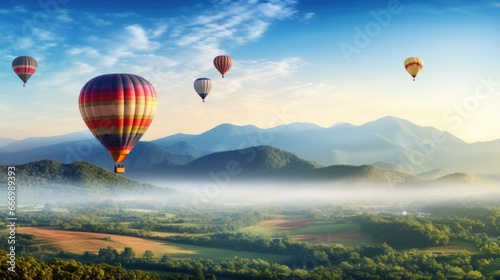 Colorful hot air balloons flying over mountain, tourist attraction on beautiful natural. © Oulaphone