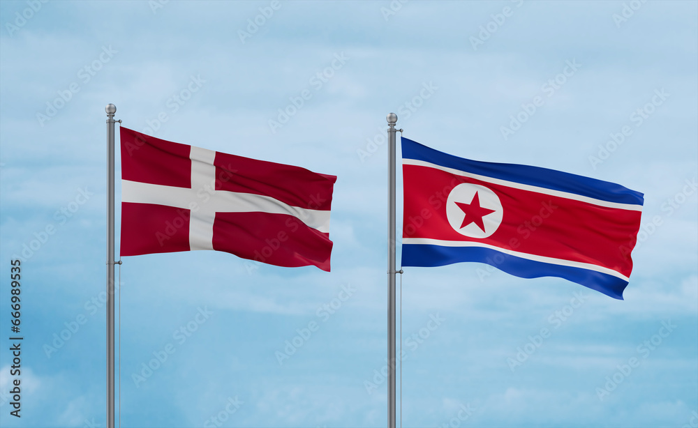 North Korea and Denmark flags, country relationship concept