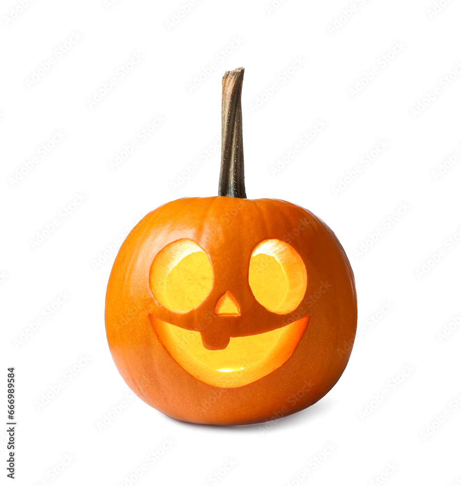 Carved pumpkin for Halloween lit from within by candle isolated on white Carved pumpkin for Halloween lit from within by candle isolated on white