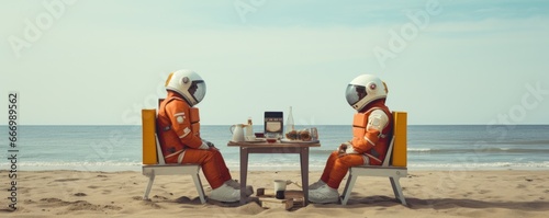 As the sky above them stretched endlessly into the horizon, two figures in sleek space suits sat at a table on the beach, their chairs sinking into the soft sand as the gentle waves lapped at the sho