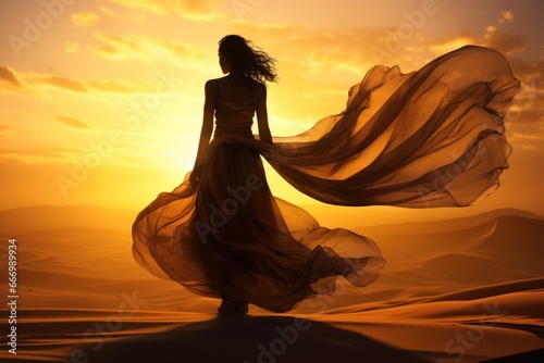 As the fiery sunset painted the sky with vibrant hues, a woman in a flowing dress stood in the desert, her silhouette a masterpiece against the cloud-filled canvas, embodying the art of freedom and a