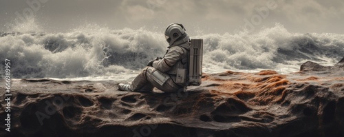 Amidst the vast expanse of sky and ocean, a lone astronaut sits on a rocky shore, contemplating the fluid nature of existence as waves crash against the beach and a cloud statue hovers in the distanc