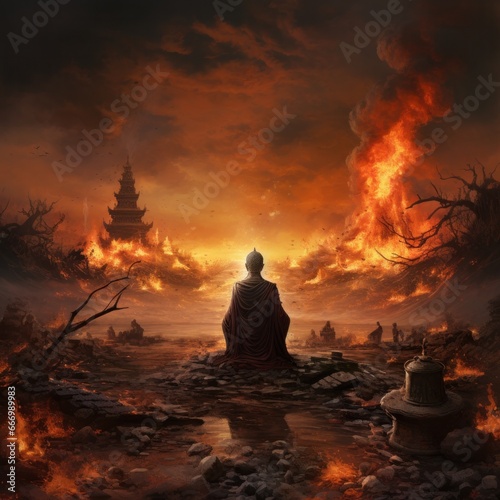 As the sun sets on the outdoor circle, a person's flame-filled gaze pierces through the cloud of pollution, heating the sky with their fiery determination to combat the wildfire disaster © mockupzord
