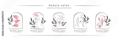 Big set of elements and logos for beauty salon. Nail polish,  manicured female hands, beautiful woman face, lipstick, eyelash extension, makeup, hairdressing. Vector illustrations