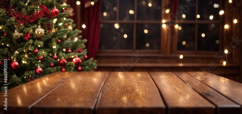 a wooden table that is empty with a background of Christmas trees. ready for montage of the product display  