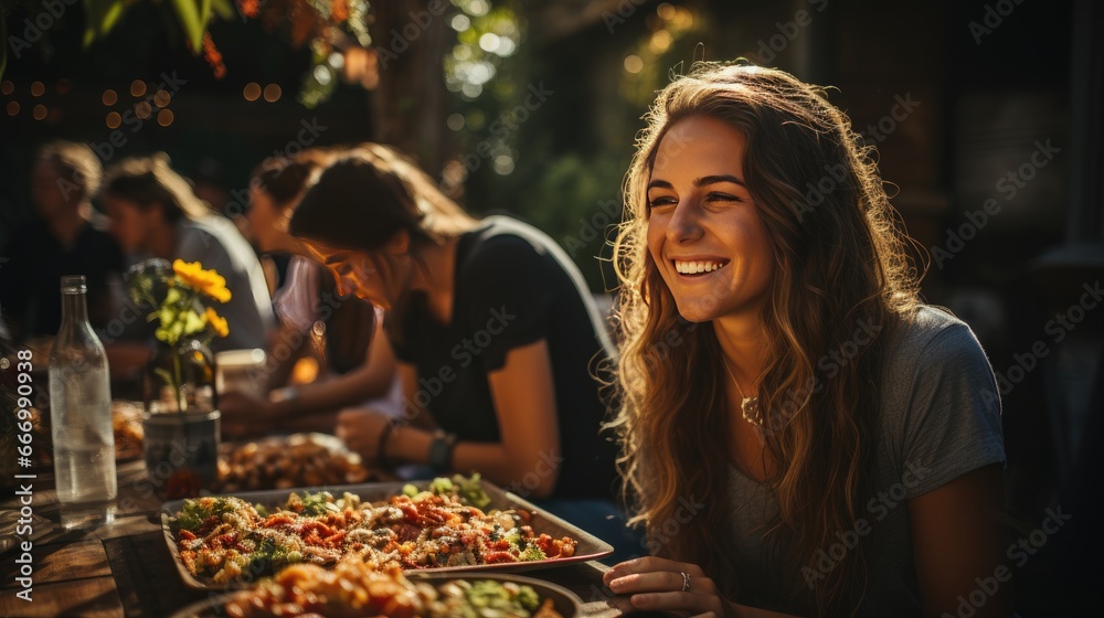 Joyful Woman Laughing at Outdoor Sunset Gathering with Friends Joyful Woman Laughing at Outdoor Sunset Gathering with Friends