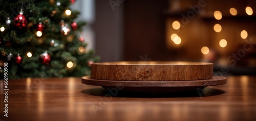 round wooden table top for product display mockup with festive christmas tree background 