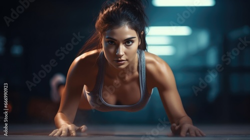Healthy woman in sportswear workout exercise building muscle training at gym. Health care concept.