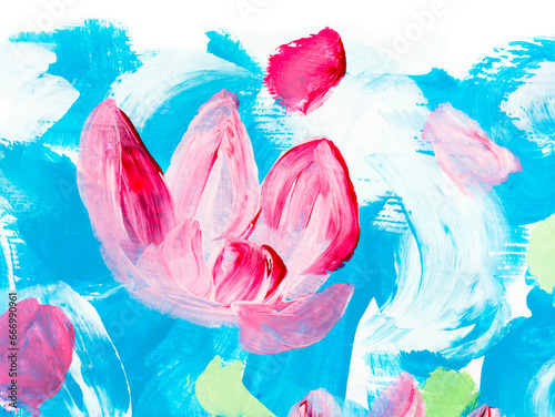 Abstract pink flowers, original hand drawn, impressionism style, color texture, brush strokes of paint,  art background. © Artlu