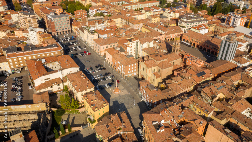Obraz premium Aerial view of the Cathedral of San Giorgio, also called Duomo, in the historic center of Sassuolo, Emilia Romagna Italy. It's the main church of the city and dedicated to the patron saint of the city