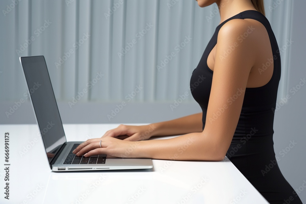 Naklejka premium Business woman in black typing on a laptop in the workplace Woman working in the office on a keyboard. Generated by artificial intelligence