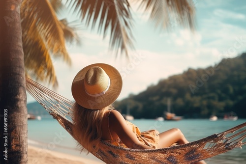 Happy traveler woman relax in hammock on beach, Summer travel vacation. © Oulaphone
