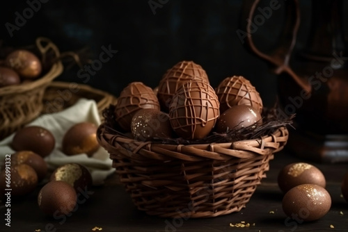 Decorated chocolate Easter eggs in brown basket on the table generative ai