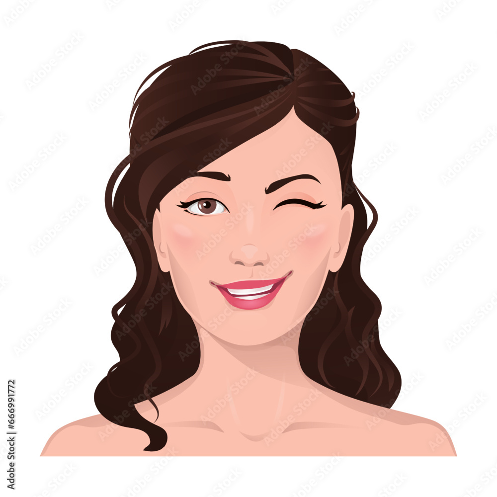 Face portrait of women with brown hair. Facial expression with smiling gesture isolated vector illustration. Avatar for a social network. Vector flat illustration, web, design, beauty and make up. Face portrait of women with brown hair. Facial expression with smiling gesture isolated vector illustration. Avatar for a social network. Vector flat illustration, web, design, beauty and make up.