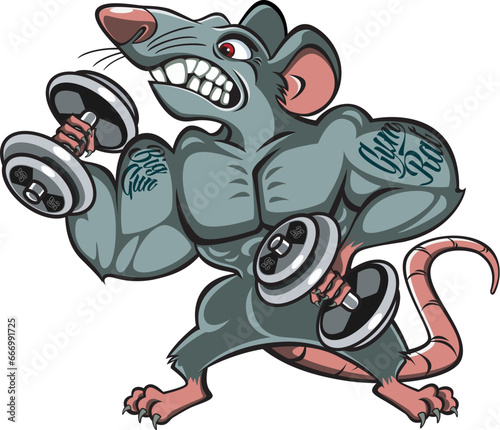 cartoon style gym rat training with dumbbell weights