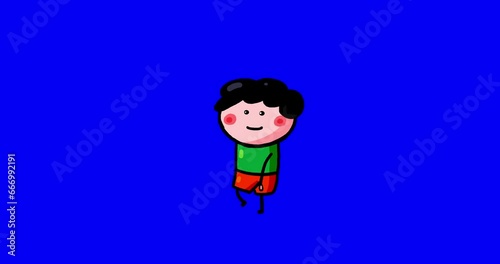 Cartoon kid character moves Tomek boy isolated walking non stop. Moving child serie transparent bluebox. Useful content presenter no background.
 photo