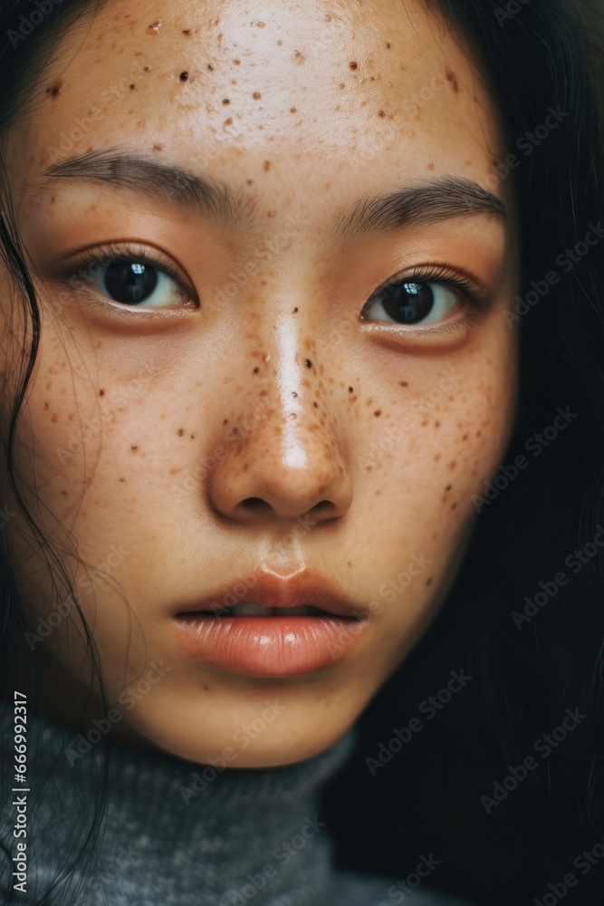 A captivating portrait of a woman's delicate features, with mesmerizing eyes framed by long lashes and defined brows, flawless skin accentuated by a soft lip, all captured in a closeup that reveals t