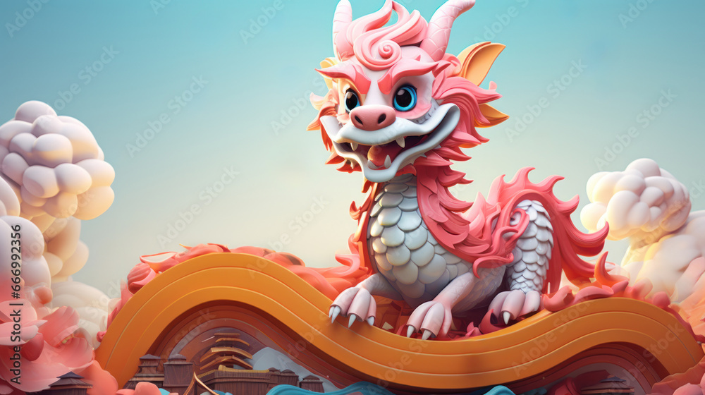 Chinese new year Festival cute 3D dragon cartoon, AI generated - obrazy, fototapety, plakaty 