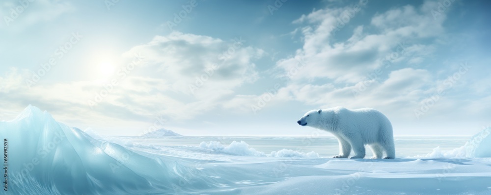 A majestic polar bear, with a thick fur coat glistening in the arctic sun, stands tall on a blanket of pristine snow, against a vast sky filled with fluffy clouds, embodying the untamed beauty of nat A majestic polar bear, with a thick fur coat glistening in the arctic sun, stands tall on a blanket of pristine snow, against a vast sky filled with fluffy clouds, embodying the untamed beauty of nat