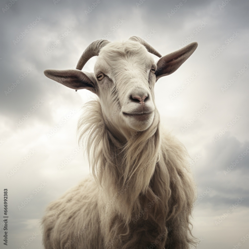 Obraz premium A majestic goatantelope stands tall amidst a cloudy sky, its long hair flowing in the wind, embodying the untamed spirit of the outdoors and the beauty of livestock